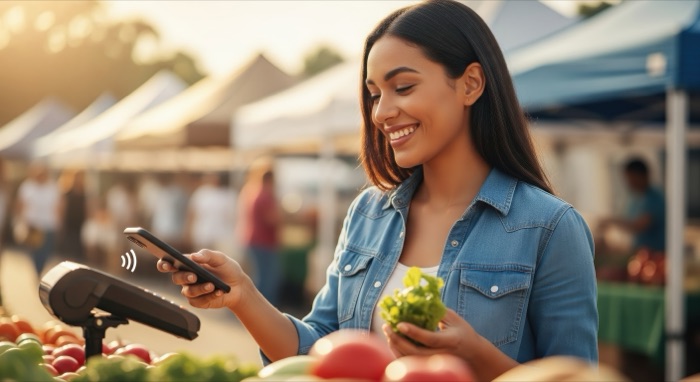 Woman using smartphone to make contactless payment at a farmers market