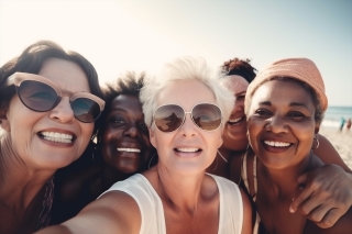 mature adult smiling group of multiethnic women taking selfie at the beach